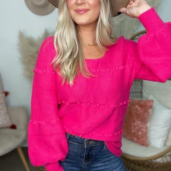 JODIFL Sweaters - NWT JODIFL Hot Pink Balloon Sleeve Pom Sweater | Small